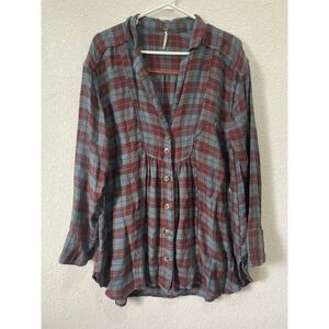 Free People Plaid Button Down‎ Top Tunic Blue Rust Womens Medium Bohemian